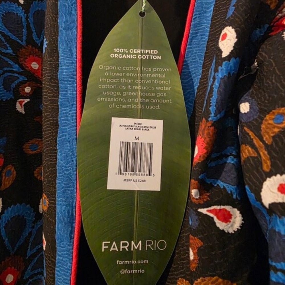 FARM RIO Latina Scarf Mini Dress Sz Medium Blue Mosaic Floral Cotton Long Sleeve - Picture 14 of 16